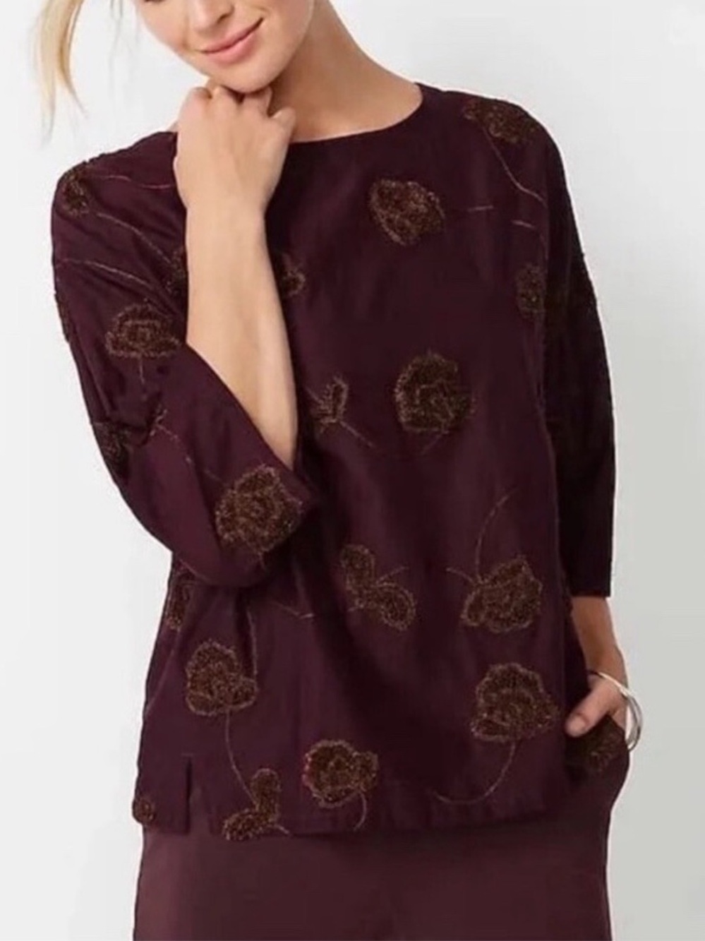 J. Jill Deep Plum Embroidered Floral Boxy Tunic 100% Cotton
